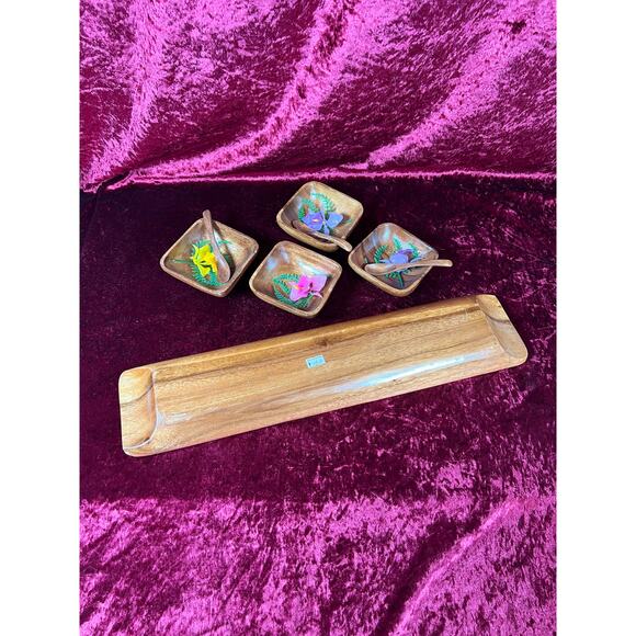 Vintage Kitchen Bar Decor - Tiki Teakwood Snack Tray with Sauce Bowls and Spoons - Picture 6 of 6